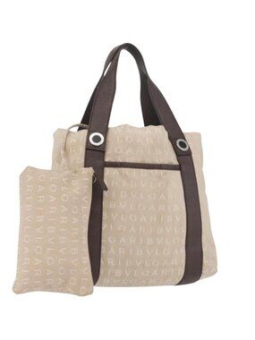 BVLGARI Tote Bag Canvas Beige Silver